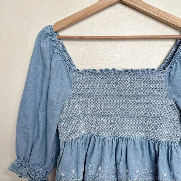 American Eagle Womens  Small Smocked Square Neck Babydoll Chambray Top - Picture 8 of 14